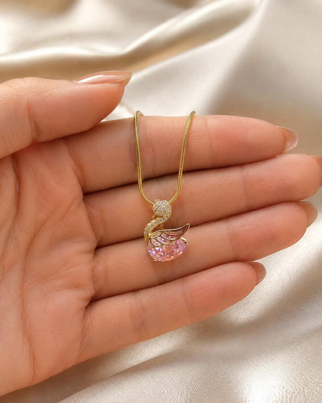 Gold-Plated Pink Crystal Swan Pendant Necklace
