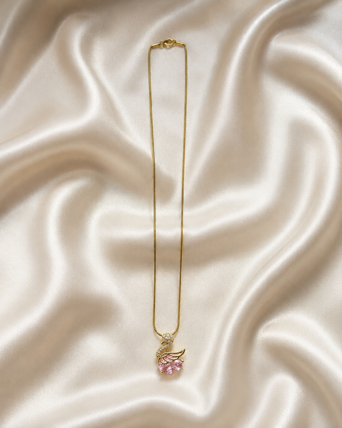 Gold-Plated Pink Crystal Swan Pendant Necklace