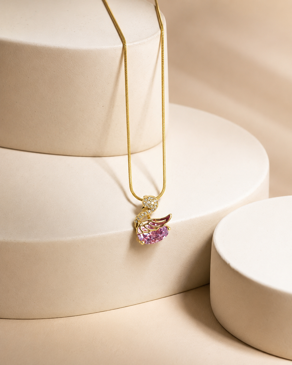 Gold-Plated Pink Crystal Swan Pendant Necklace