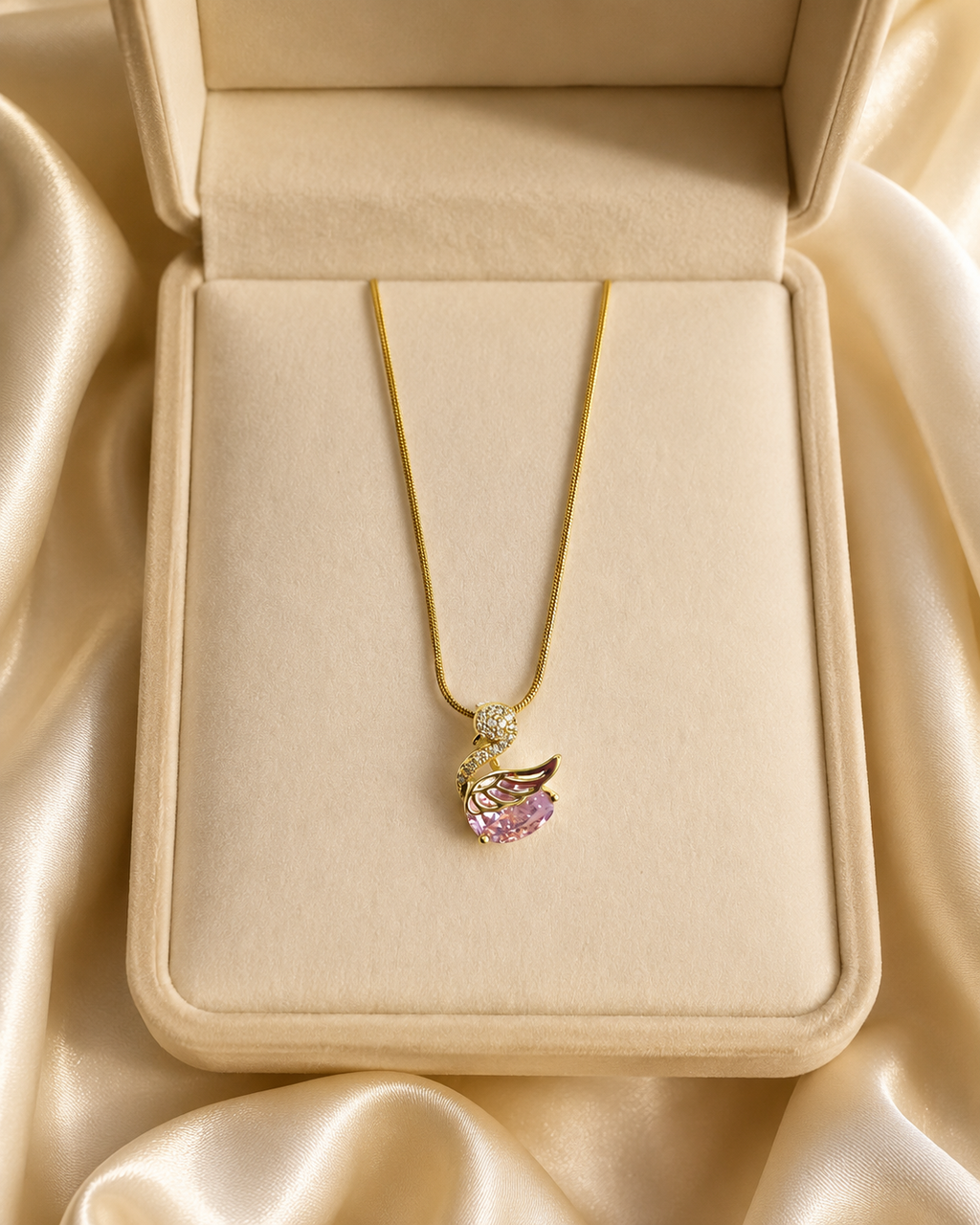 Gold-Plated Pink Crystal Swan Pendant Necklace