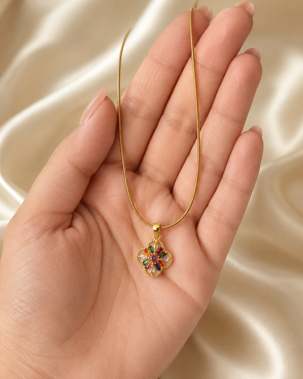 Gold-Plated Multicolour Crystal Floral Clover Pendant Necklace