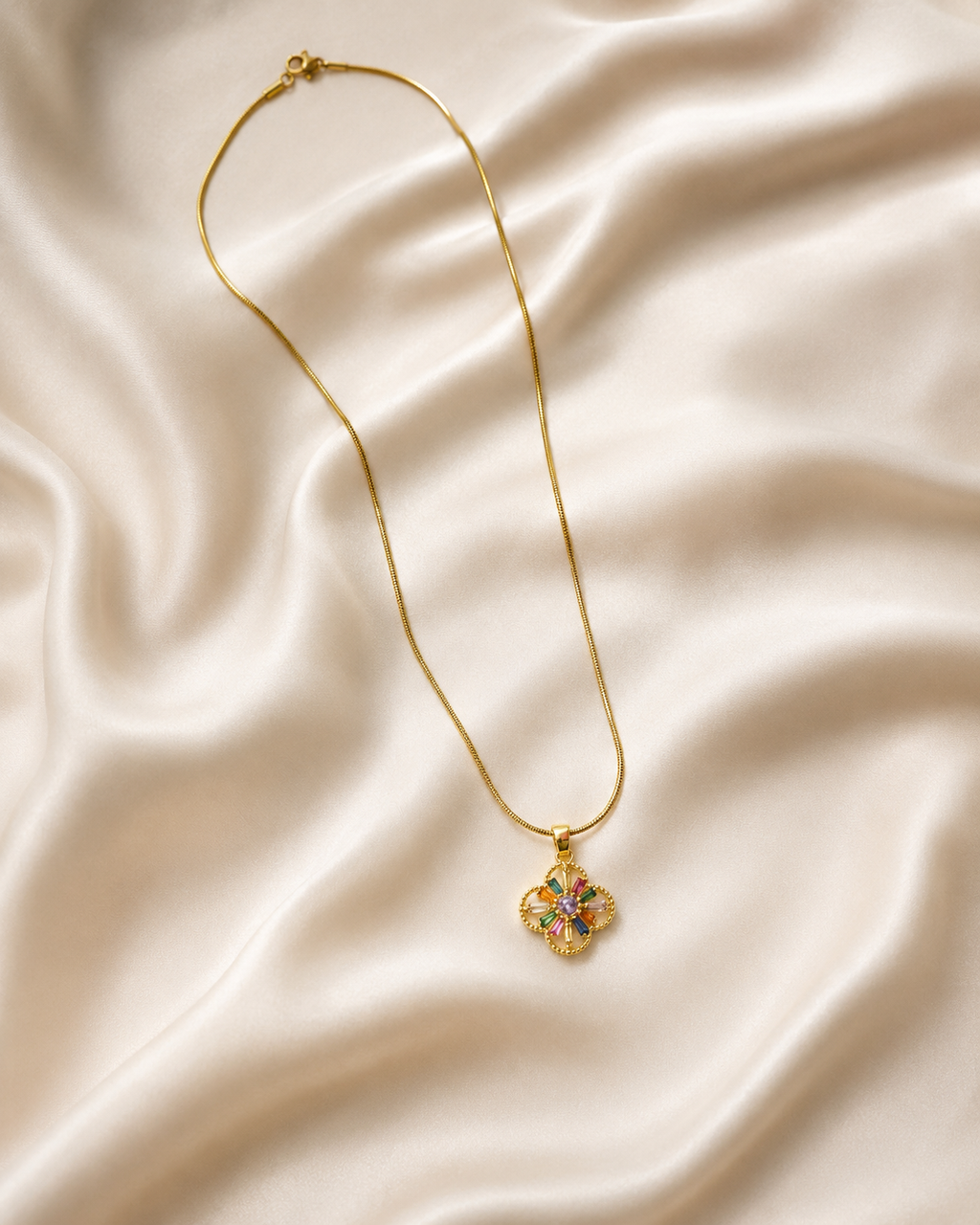 Gold-Plated Multicolour Crystal Floral Clover Pendant Necklace