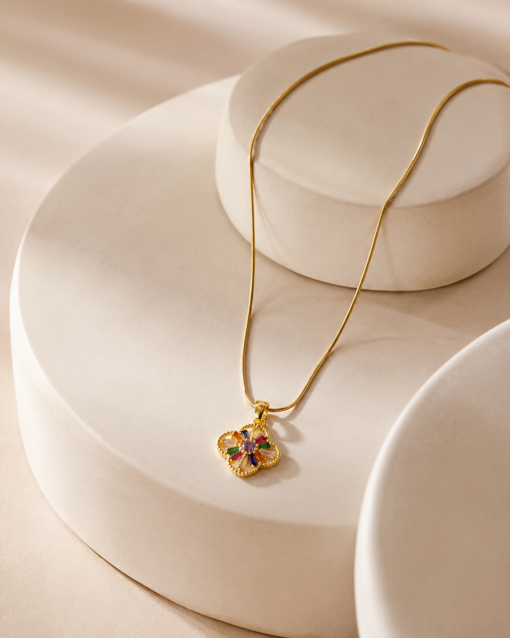 Gold-Plated Multicolour Crystal Floral Clover Pendant Necklace