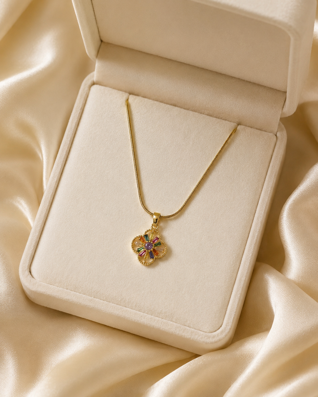 Gold-Plated Multicolour Crystal Floral Clover Pendant Necklace