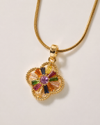 Gold-Plated Multicolour Crystal Floral Clover Pendant Necklace