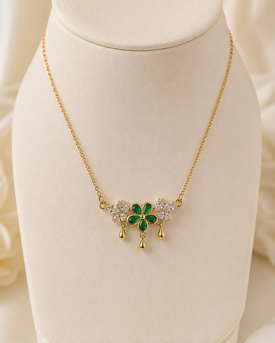Gold-Plated Green Crystal Floral Drop Necklace
