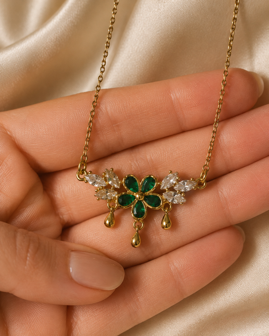 Gold-Plated Green Crystal Floral Drop Necklace