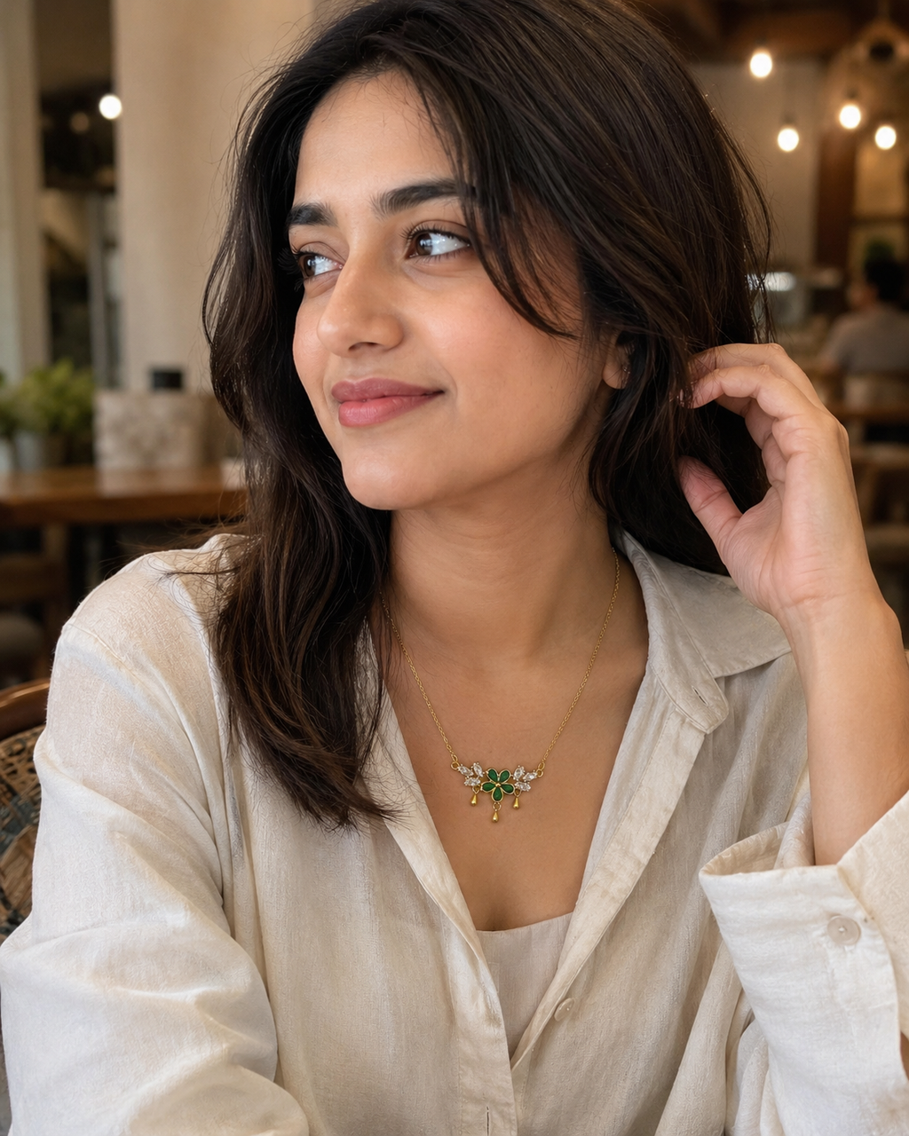 Gold-Plated Green Crystal Floral Drop Necklace
