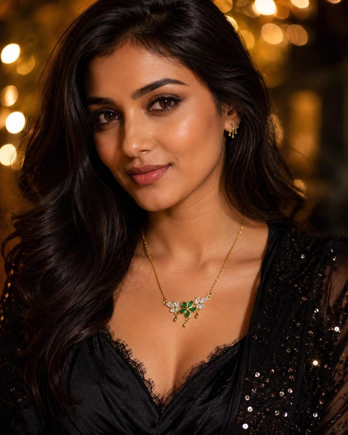 Gold-Plated Green Crystal Floral Drop Necklace