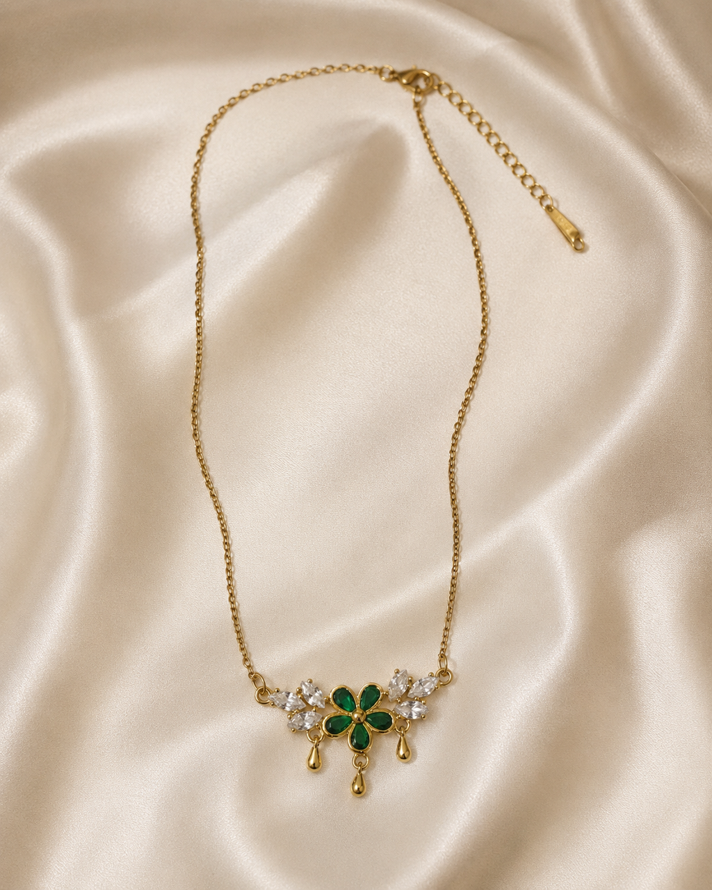 Gold-Plated Green Crystal Floral Drop Necklace