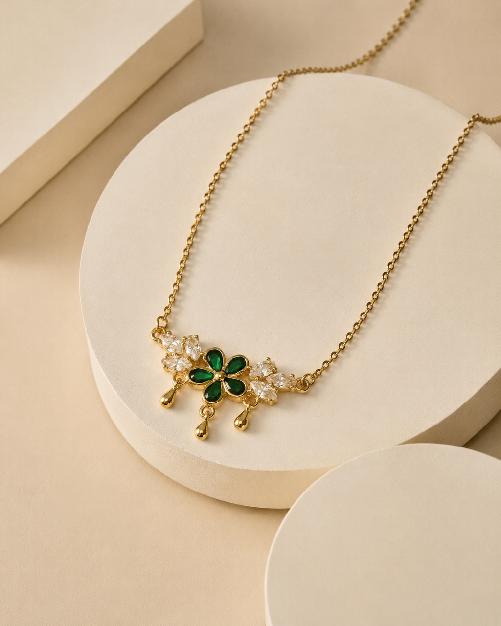 Gold-Plated Green Crystal Floral Drop Necklace