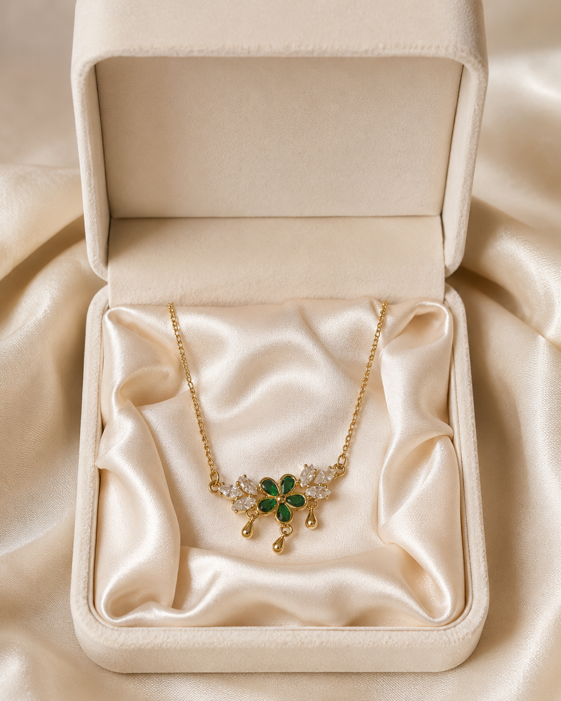 Gold-Plated Green Crystal Floral Drop Necklace
