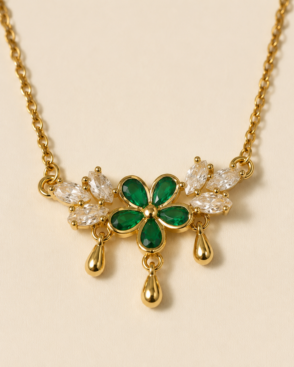 Gold-Plated Green Crystal Floral Drop Necklace