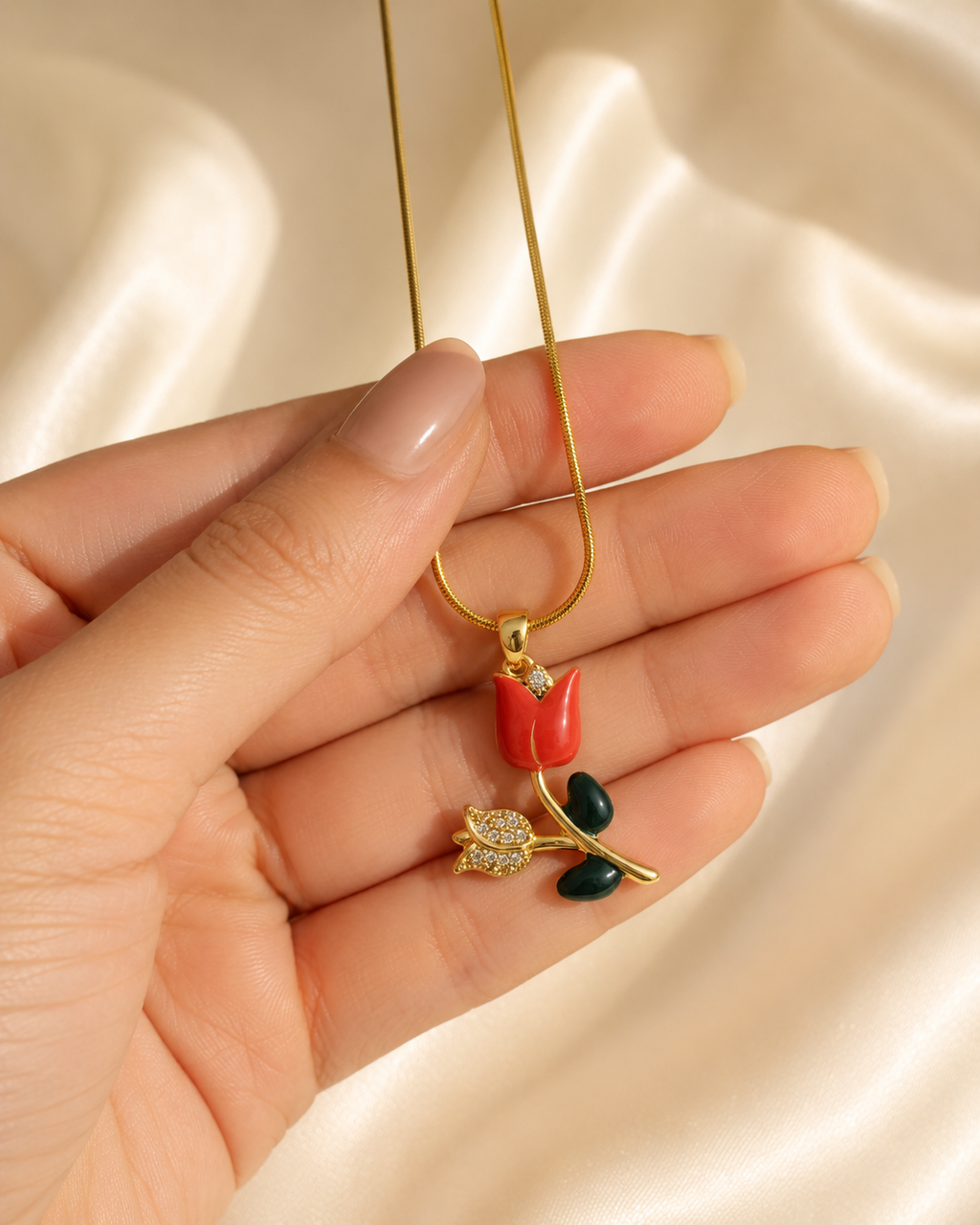 Gold-Plated Red Rose Pendant Necklace with Crystal Floral Accent for Women