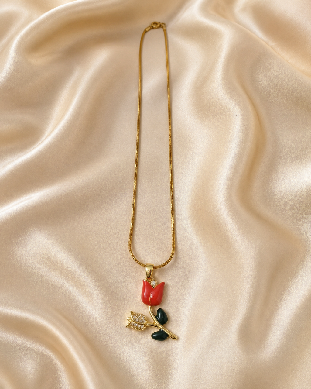 Gold-Plated Red Rose Pendant Necklace with Crystal Floral Accent for Women