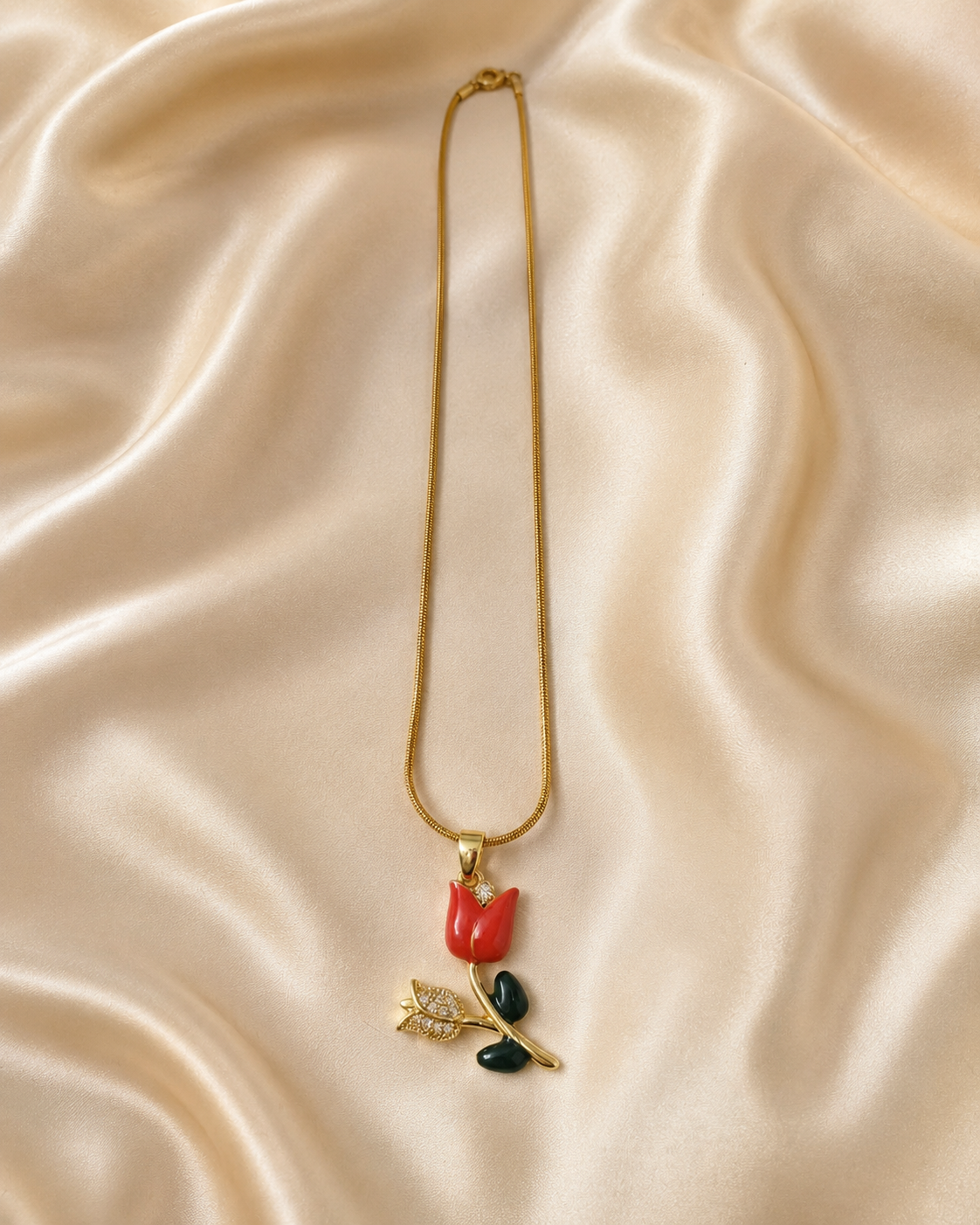 Gold-Plated Red Rose Pendant Necklace with Crystal Floral Accent for Women