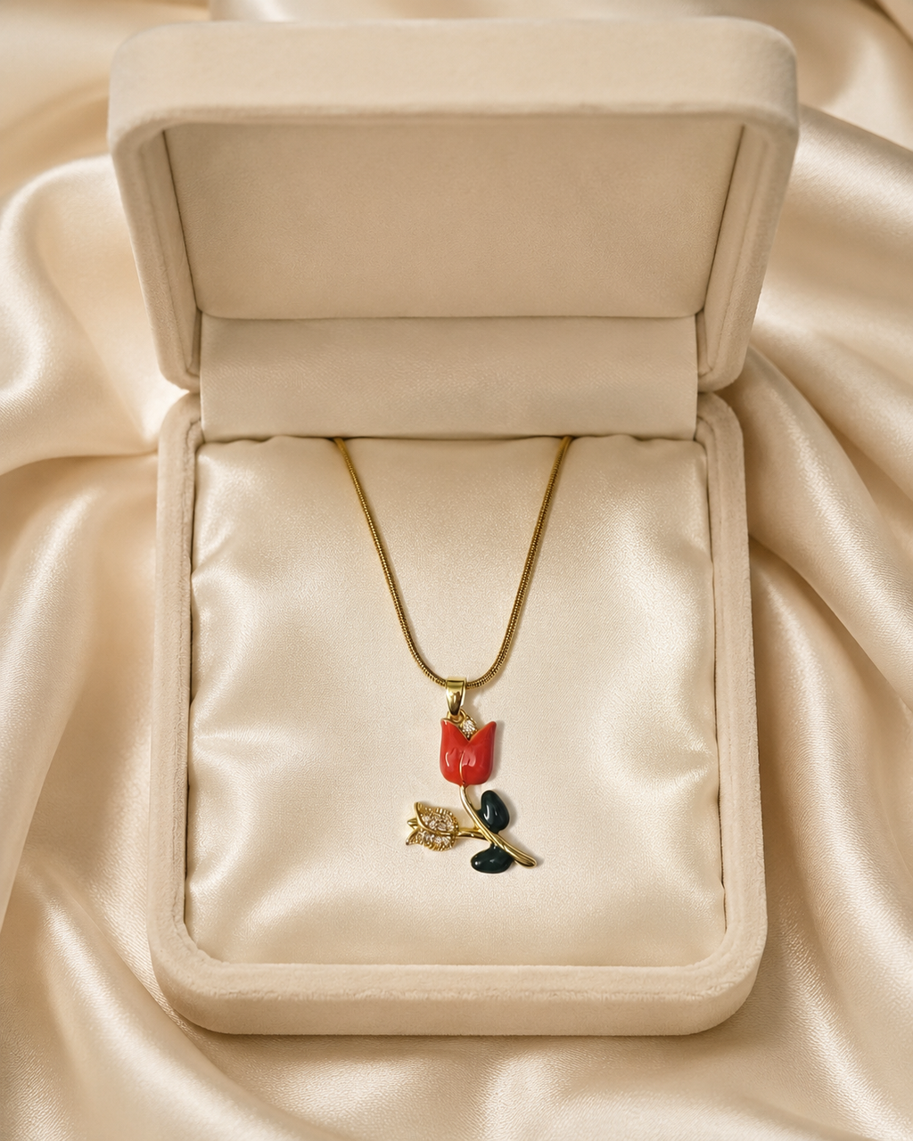Gold-Plated Red Rose Pendant Necklace with Crystal Floral Accent for Women