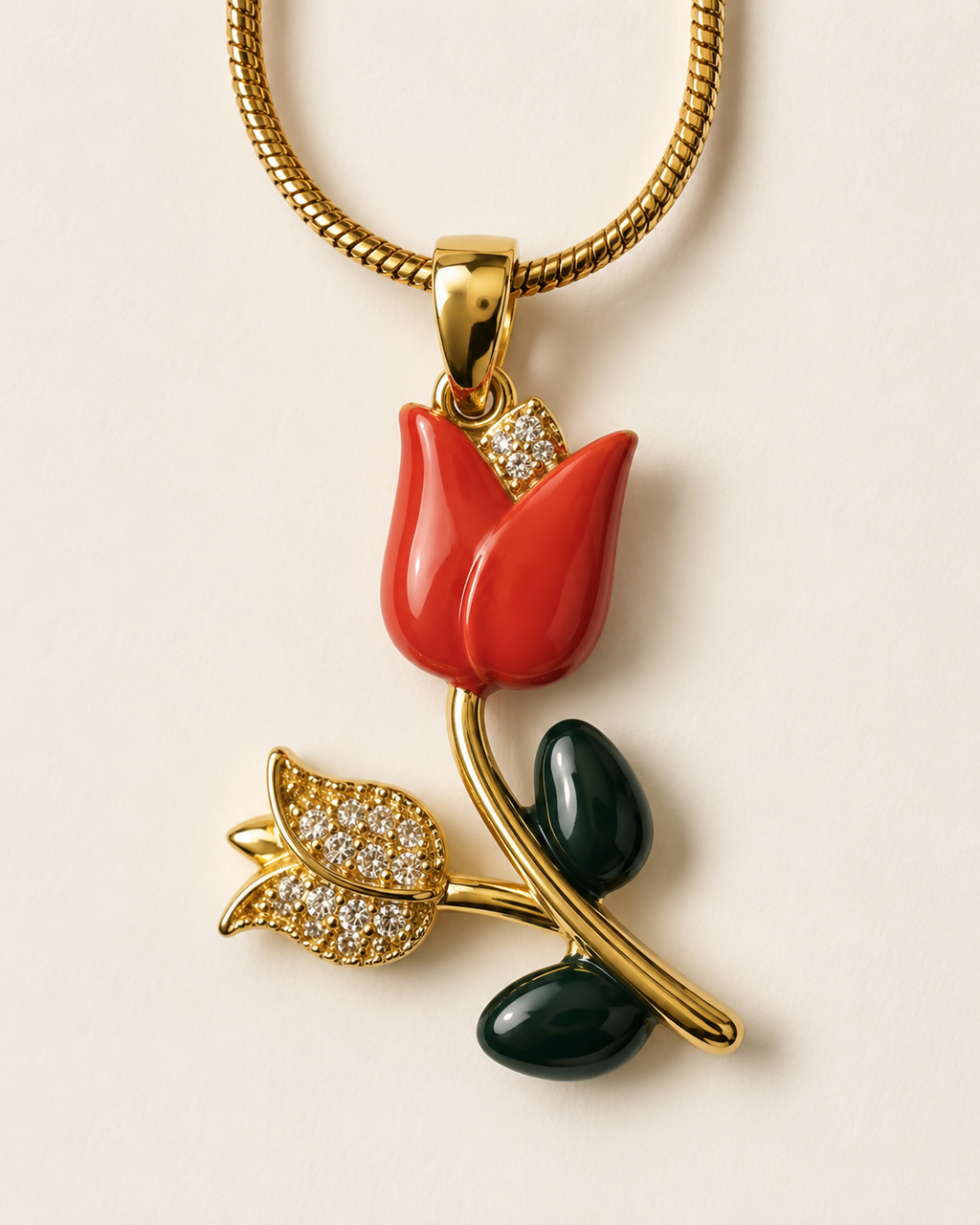 Gold-Plated Red Rose Pendant Necklace with Crystal Floral Accent for Women