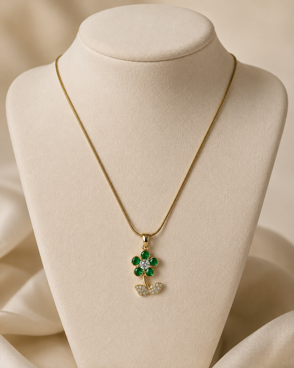 Gold-Plated Green Crystal Flower Pendant Necklace with Sparkling Leaves