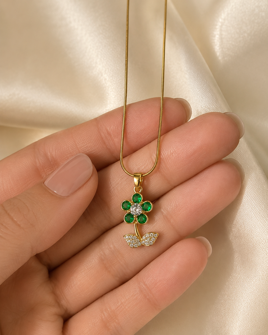 Gold-Plated Green Crystal Flower Pendant Necklace with Sparkling Leaves