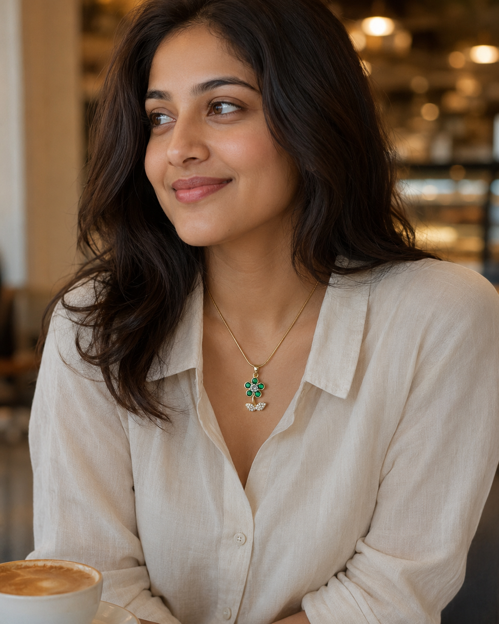 Gold-Plated Green Crystal Flower Pendant Necklace with Sparkling Leaves