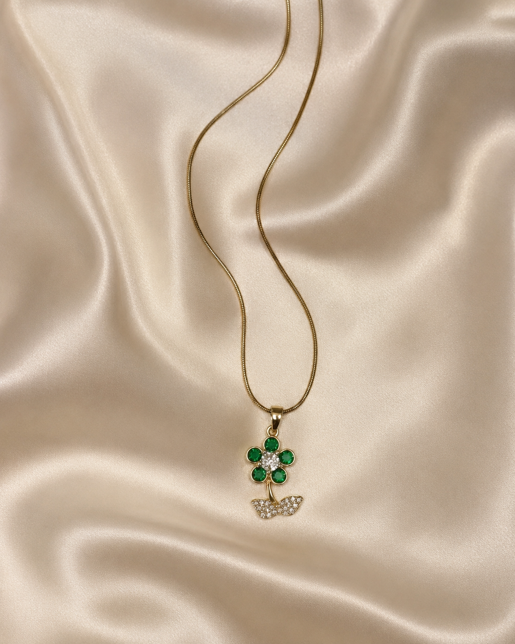 Gold-Plated Green Crystal Flower Pendant Necklace with Sparkling Leaves