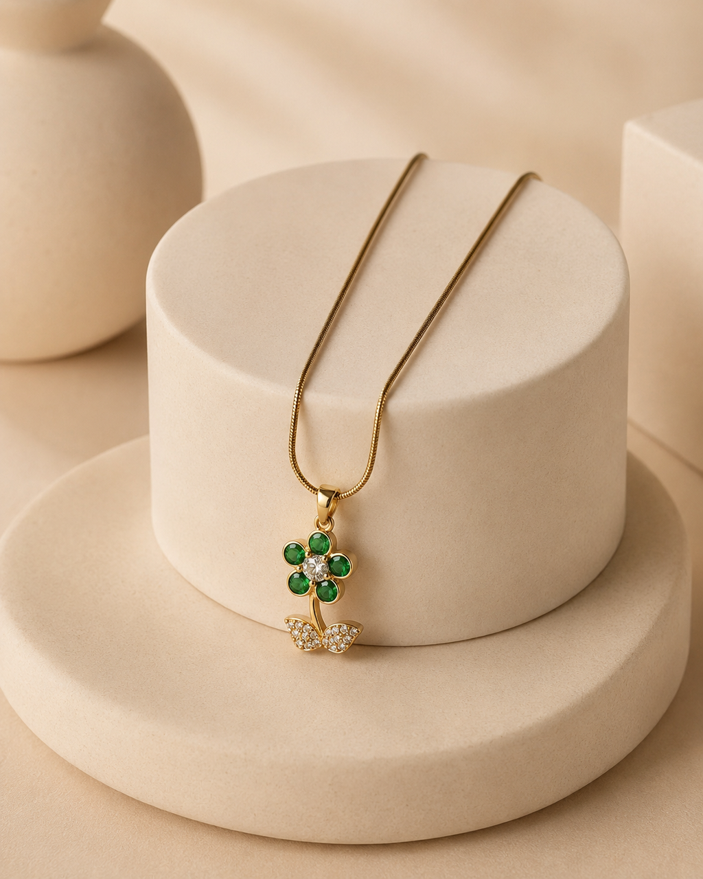Gold-Plated Green Crystal Flower Pendant Necklace with Sparkling Leaves