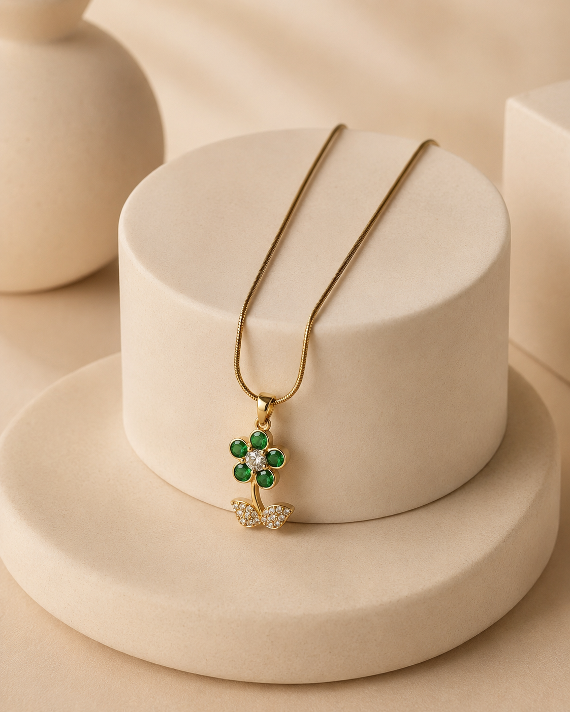 Gold-Plated Green Crystal Flower Pendant Necklace with Sparkling Leaves