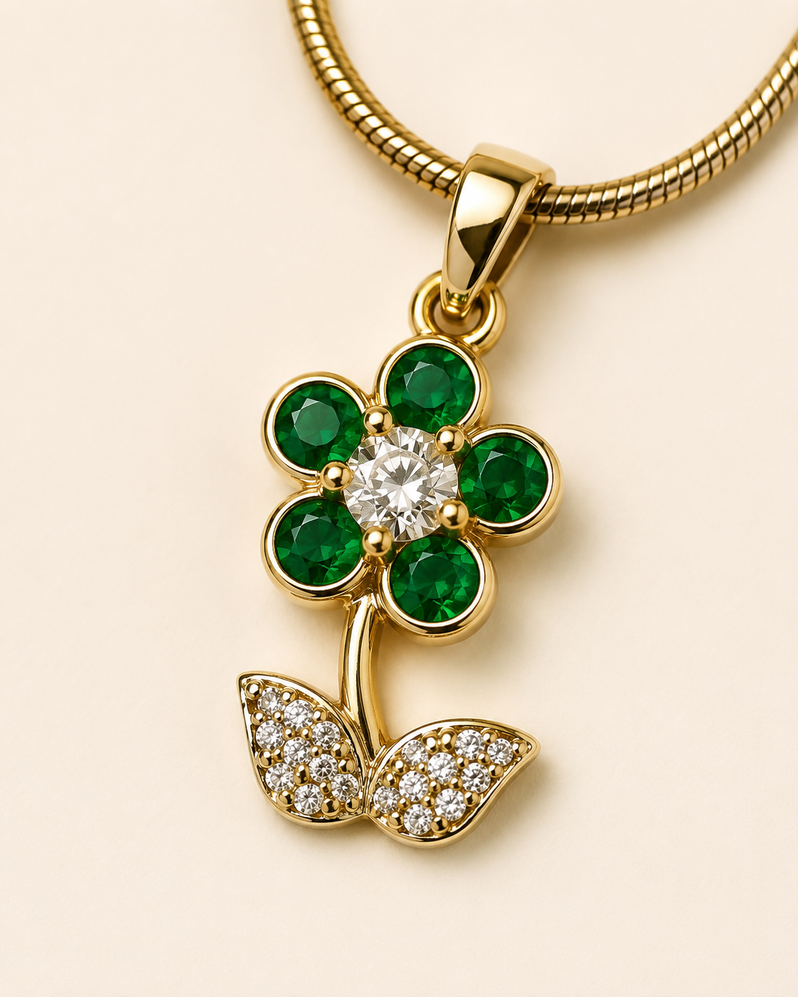 Gold-Plated Green Crystal Flower Pendant Necklace with Sparkling Leaves