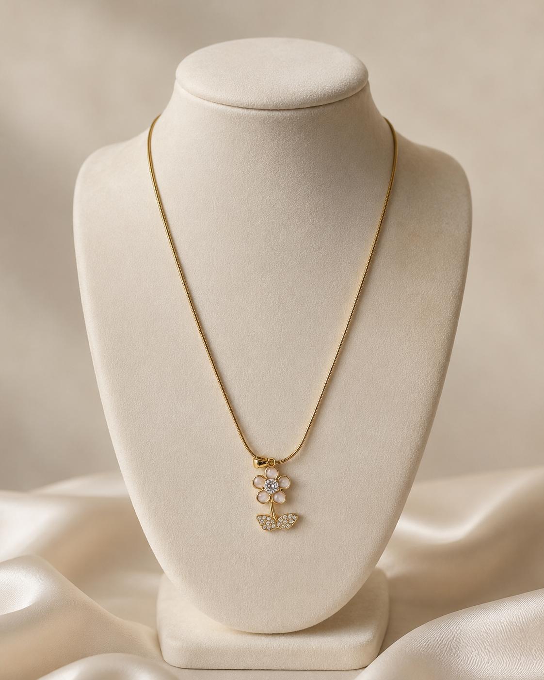 Gold-Plated Pearl Flower Pendant Necklace with Crystal Leaves