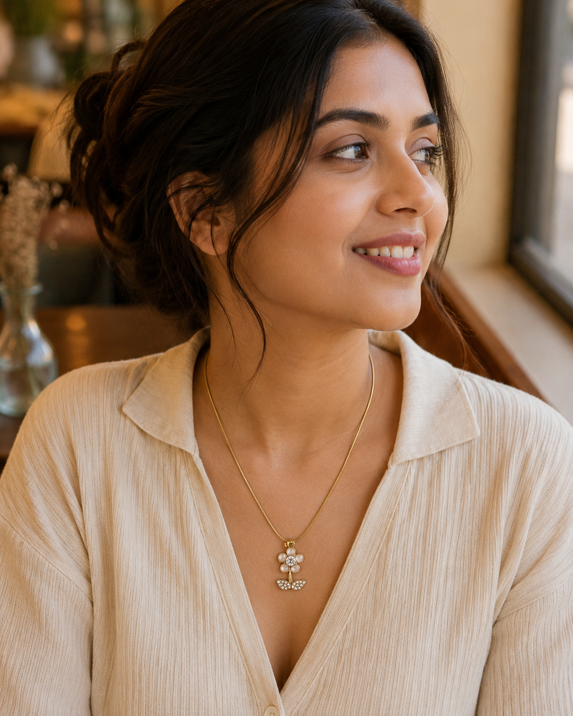 Gold-Plated Pearl Flower Pendant Necklace with Crystal Leaves