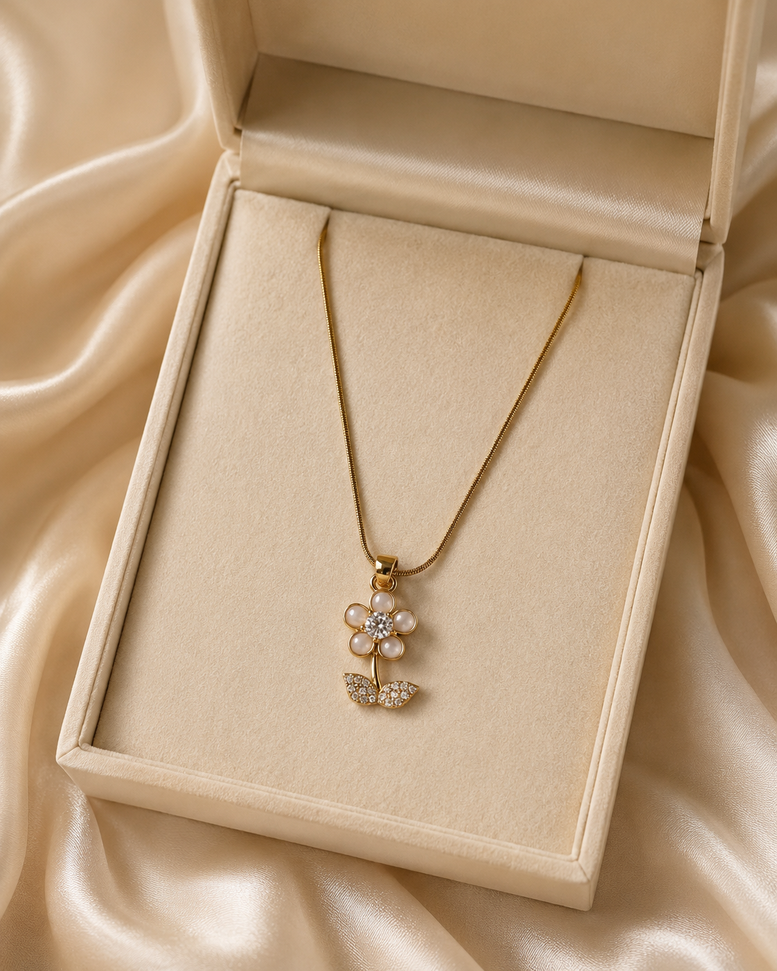 Gold-Plated Pearl Flower Pendant Necklace with Crystal Leaves