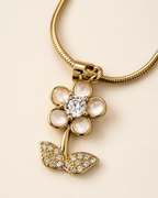 Gold-Plated Pearl Flower Pendant Necklace with Crystal Leaves