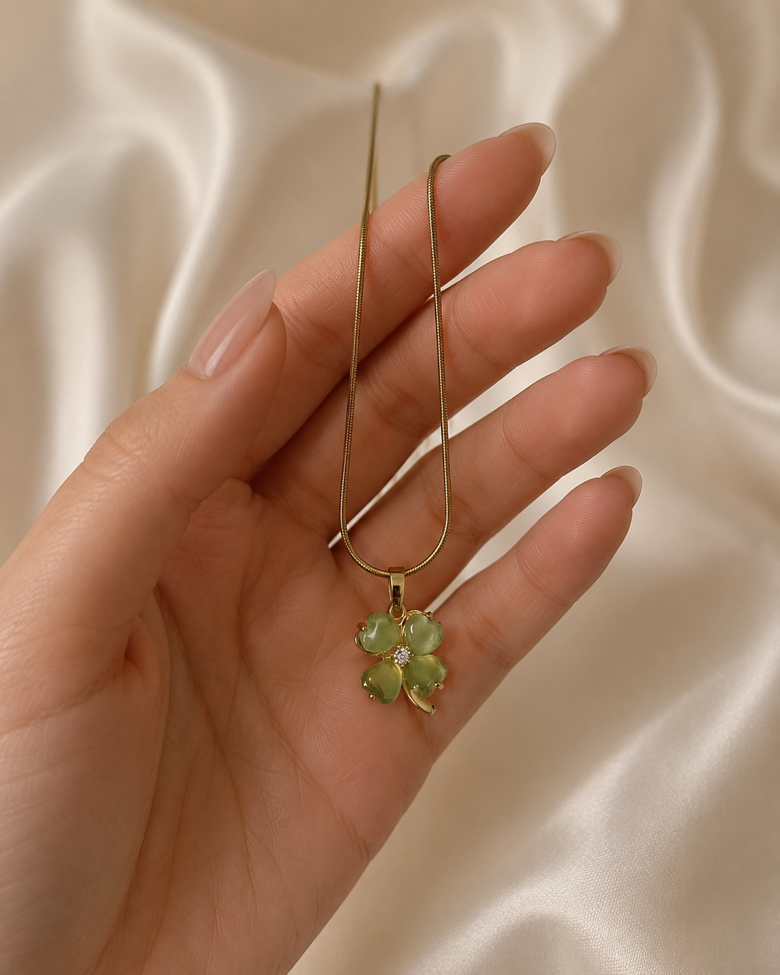 Gold-Plated Light Green Four-Leaf Clover Pendant Necklace