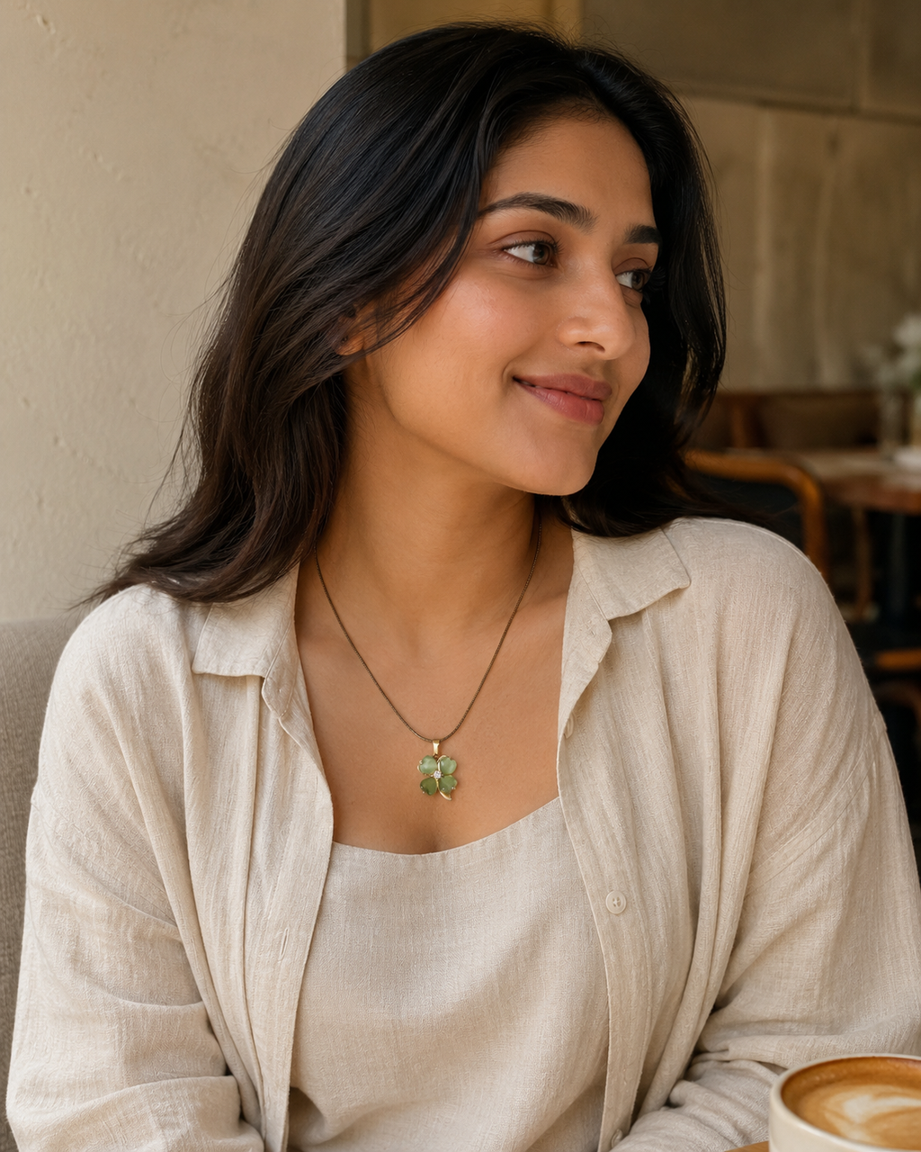 Gold-Plated Light Green Four-Leaf Clover Pendant Necklace
