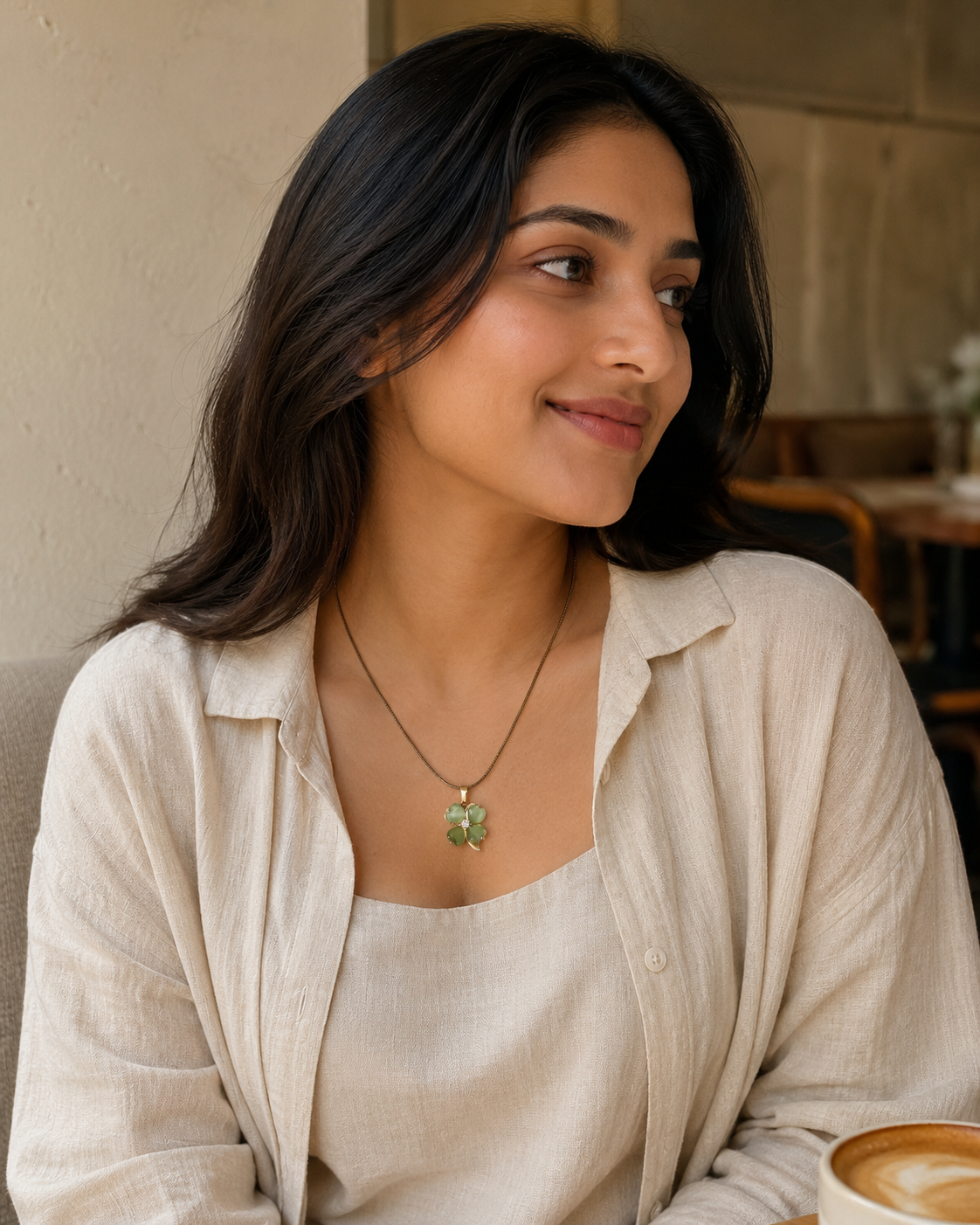 Gold-Plated Light Green Four-Leaf Clover Pendant Necklace