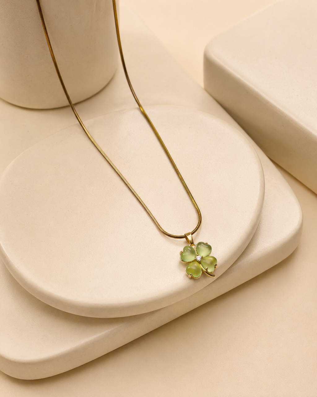 Gold-Plated Light Green Four-Leaf Clover Pendant Necklace
