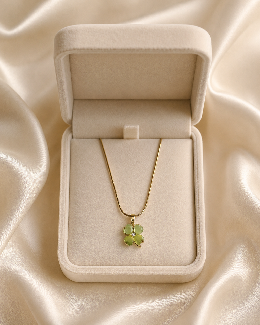 Gold-Plated Light Green Four-Leaf Clover Pendant Necklace