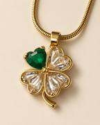 Gold-Plated Green Heart Crystal Four-Leaf Clover Pendant Necklace