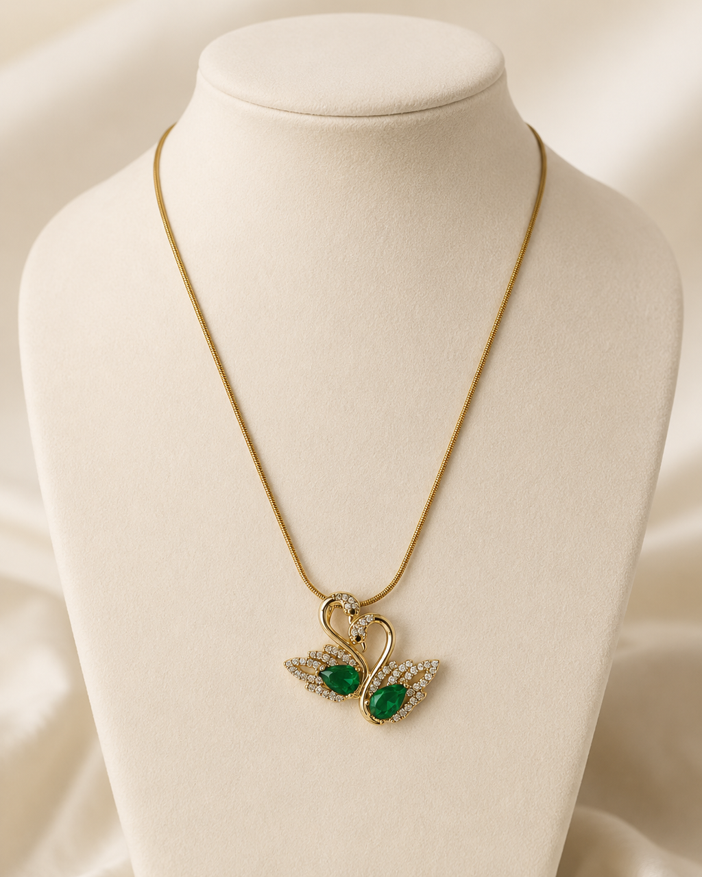 Gold-Plated Green Crystal Double Swan Love Pendant Necklace