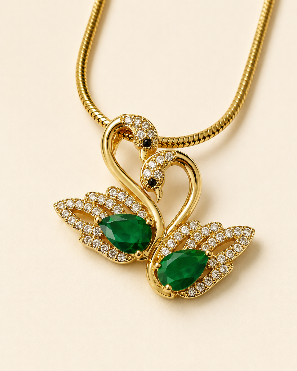 Gold-Plated Green Crystal Double Swan Love Pendant Necklace