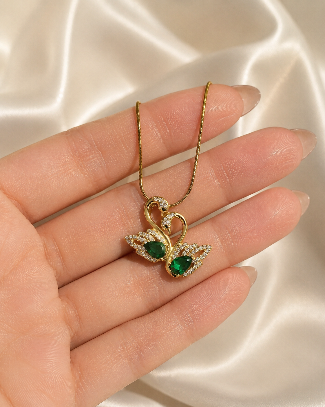Gold-Plated Green Crystal Double Swan Love Pendant Necklace