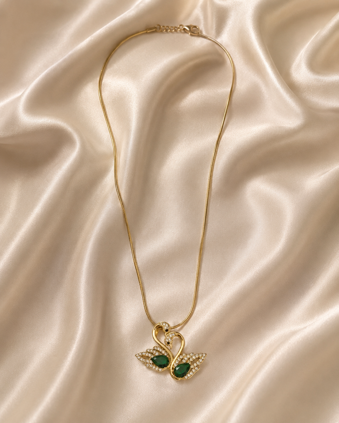 Gold-Plated Green Crystal Double Swan Love Pendant Necklace