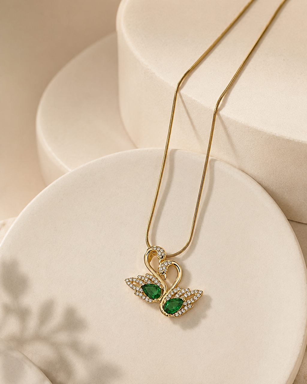 Gold-Plated Green Crystal Double Swan Love Pendant Necklace
