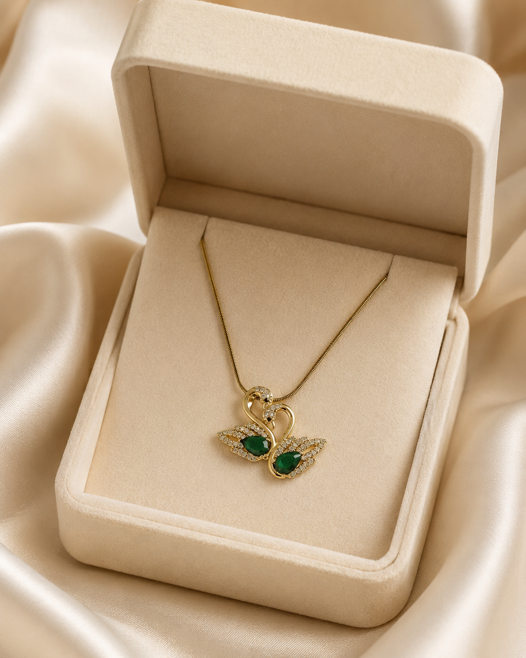 Gold-Plated Green Crystal Double Swan Love Pendant Necklace
