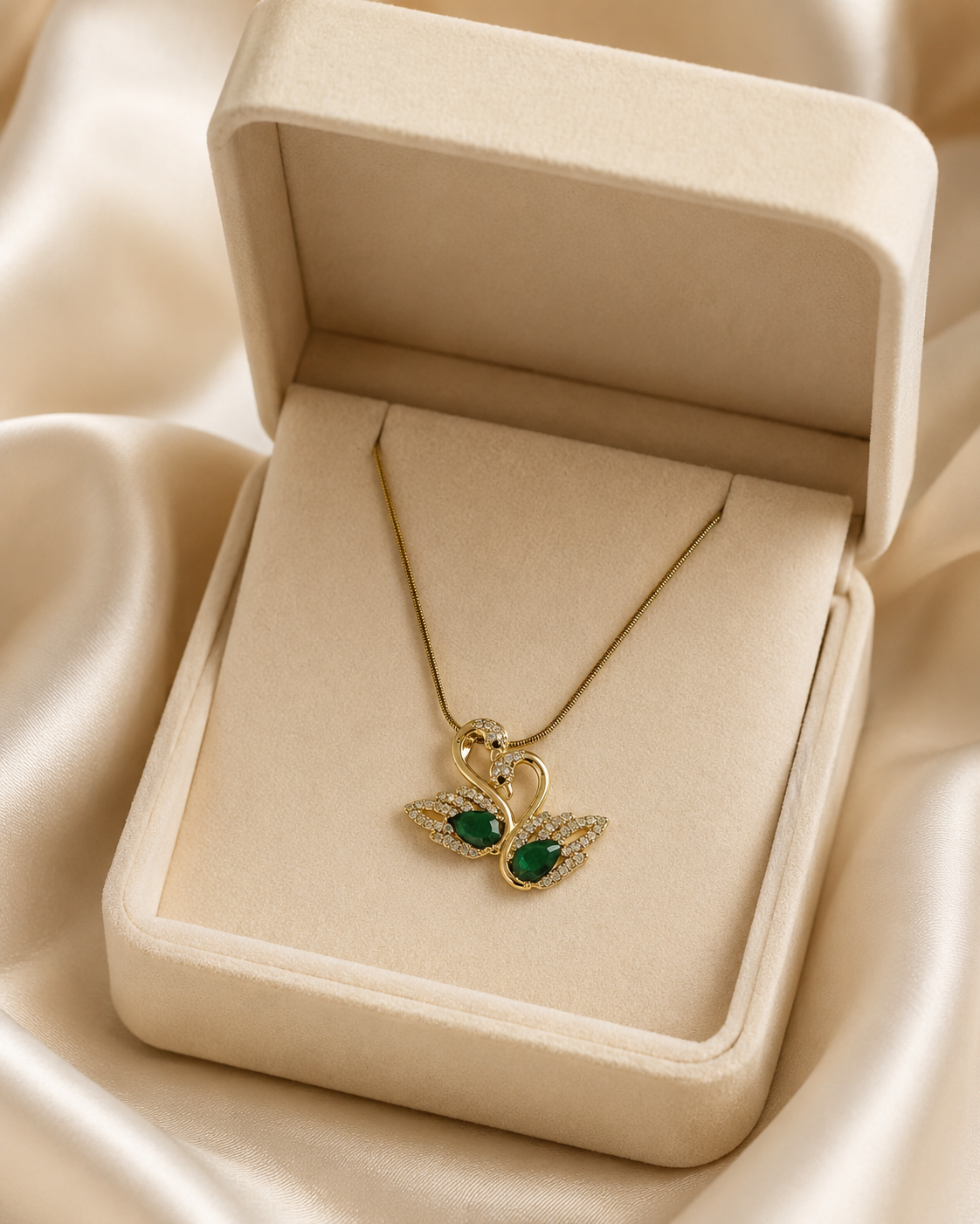 Gold-Plated Green Crystal Double Swan Love Pendant Necklace