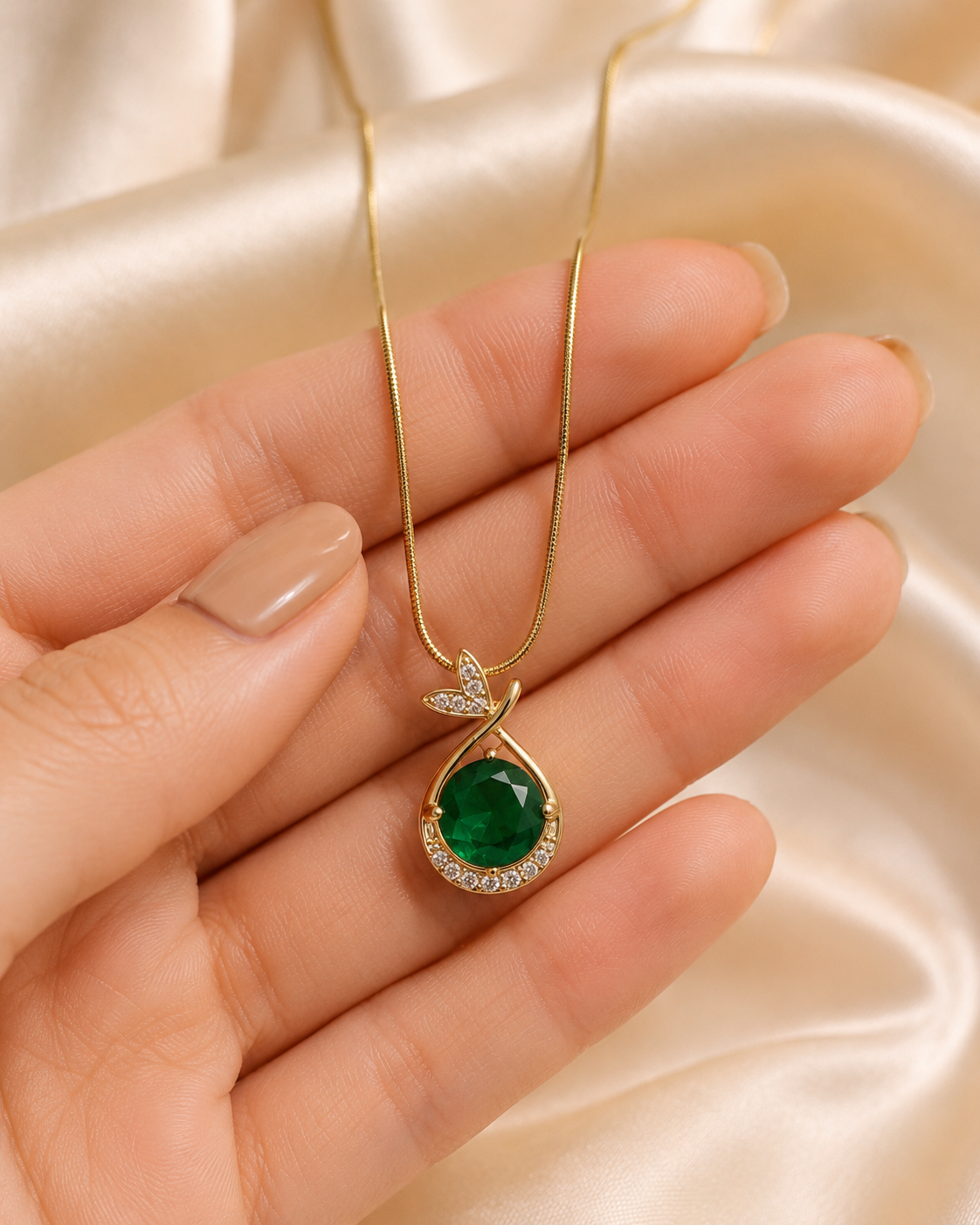 Gold-Plated Green Crystal Teardrop Pendant Necklace with Butterfly Accent