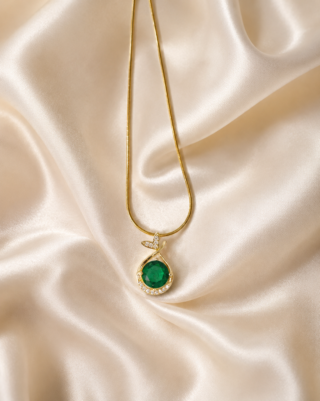 Gold-Plated Green Crystal Teardrop Pendant Necklace with Butterfly Accent