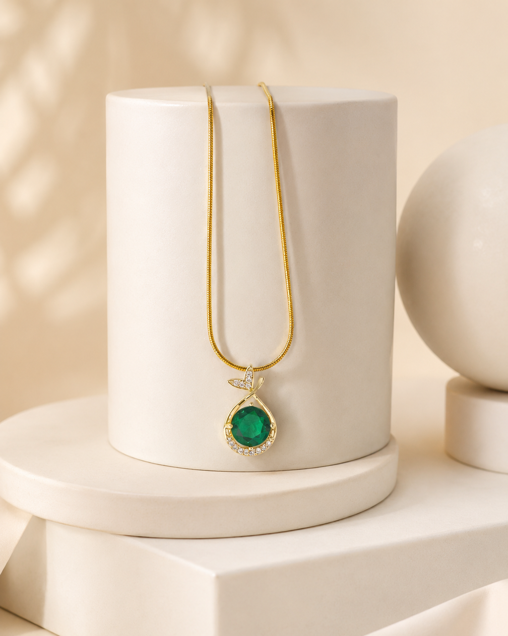 Gold-Plated Green Crystal Teardrop Pendant Necklace with Butterfly Accent