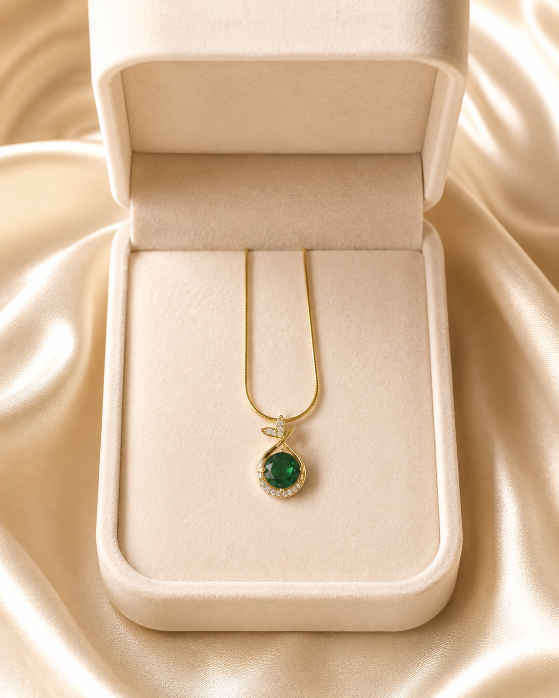 Gold-Plated Green Crystal Teardrop Pendant Necklace with Butterfly Accent